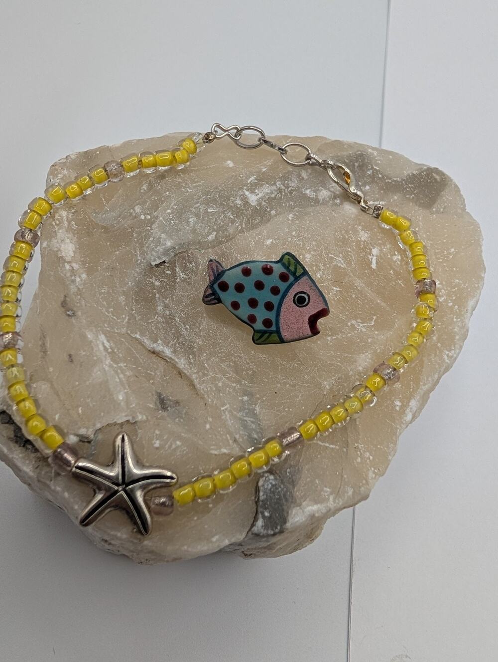 Fashion Beaded Bracelet Yellow Clear Starfish Charm Lobster Clasp Extender & Pin